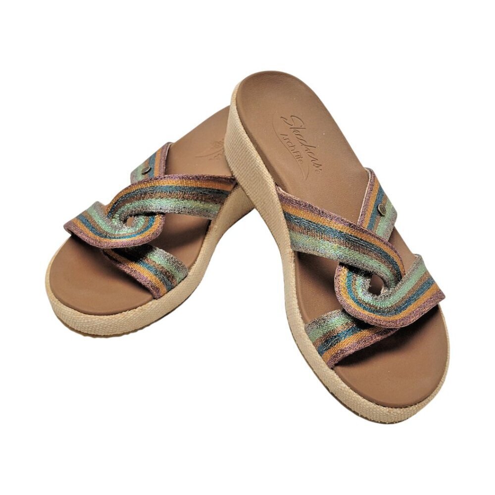 SKECHERS Woman Multi Color Strap Slip Slide On Shoes Mules Wedge Heel size 8